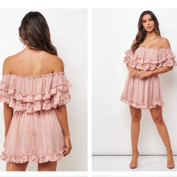 Saints & Secrets FASHION PINK FLORAL PRINT OFF SHOULDER RUFFLE DRESS Large - Picture 2 of 11